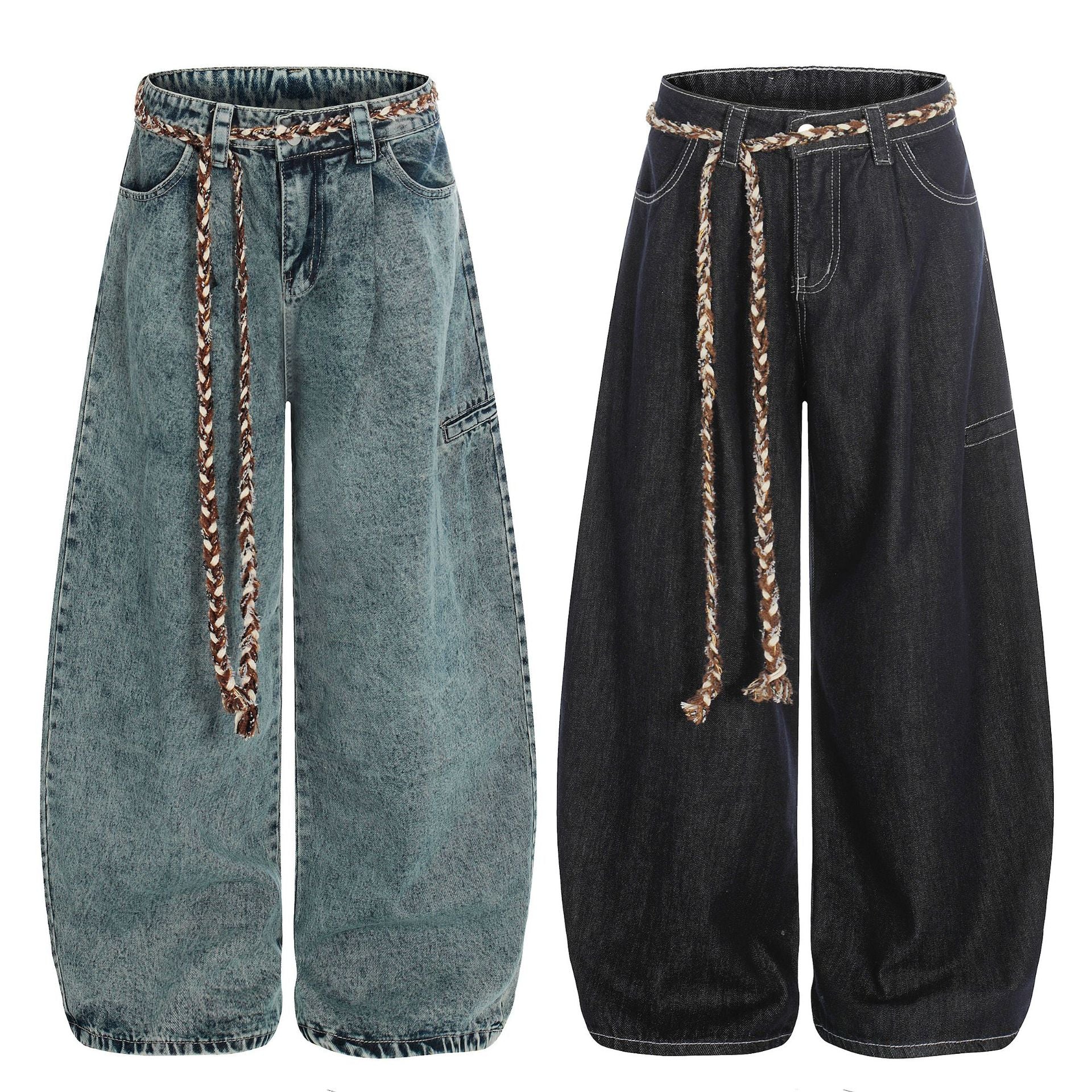 Retro washed denim jeans with waistband and curved blade
