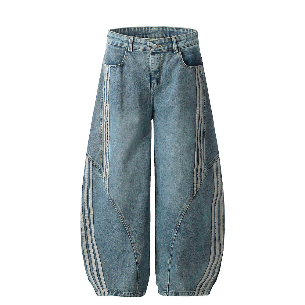 Three bar patchwork washed denim jeans