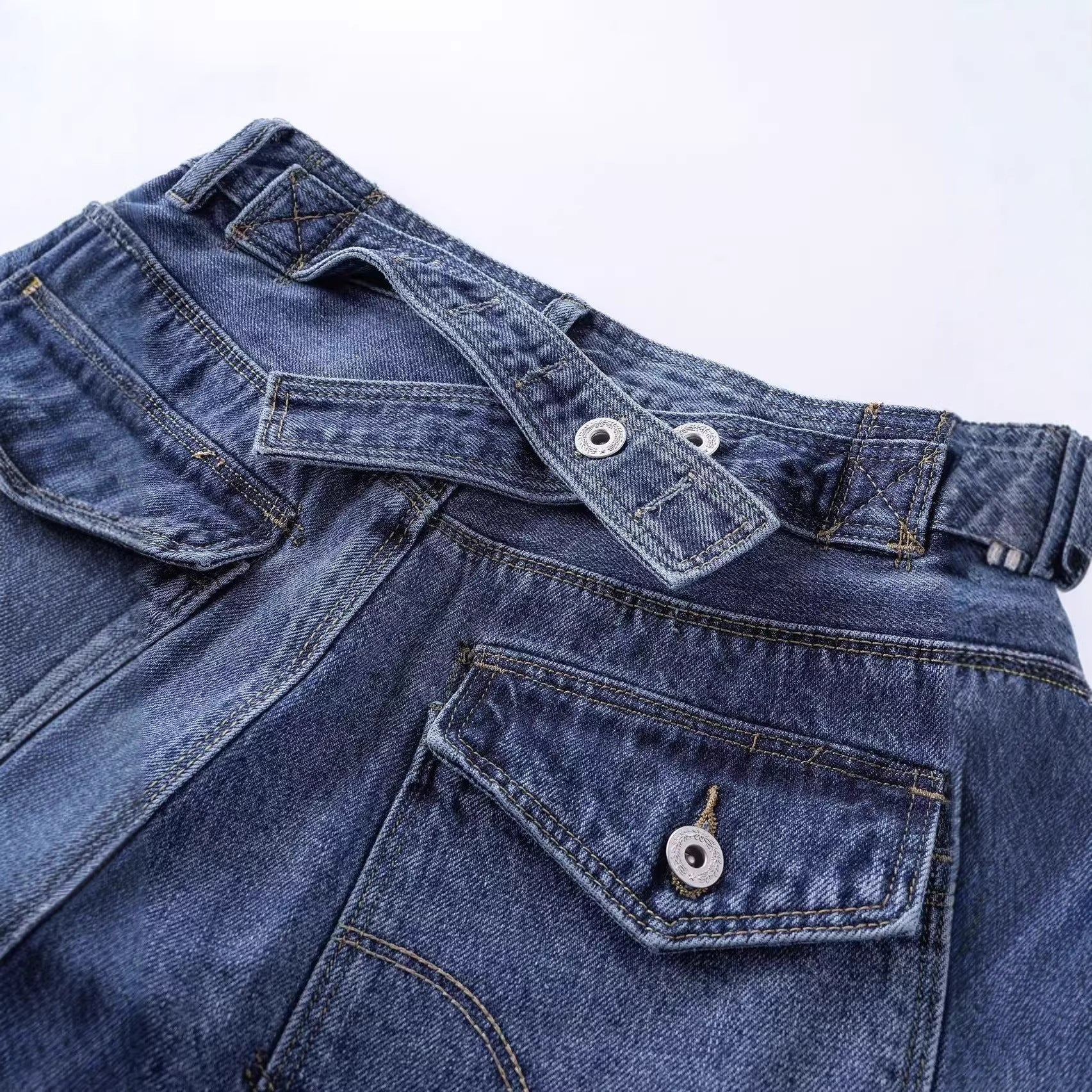 Vintage Parisian buckle design washed denim jeans