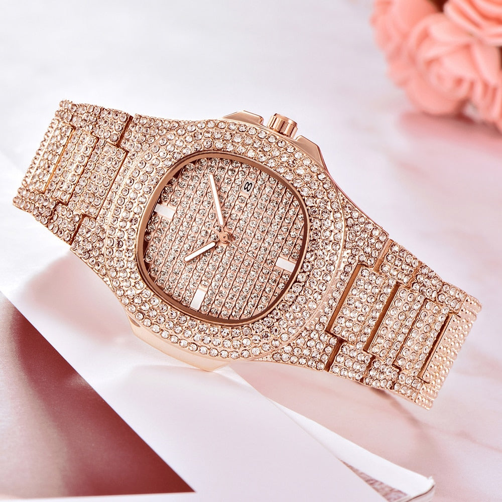 Mens Watches Fashion Luxury Diamond Brand Date Quartz Watch Men Gold Stainless Steel Business Watch Montres de Marque de Luxe