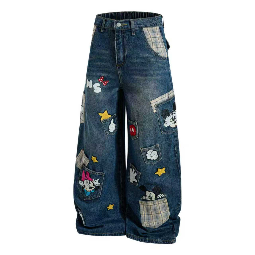 Vintage cartoon embroidered washed denim jeans