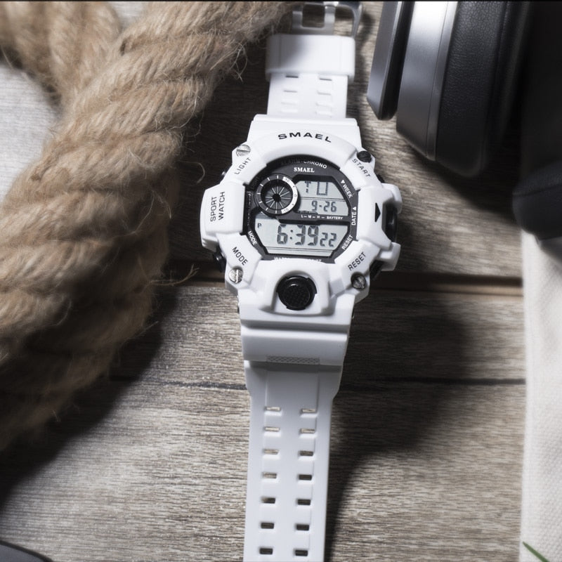 Watches Men Digital Watch White SMAEL 1385C Sport Watch 50M Waterproof Auto Date relogio masculino Digital Military Watches Mens Sport