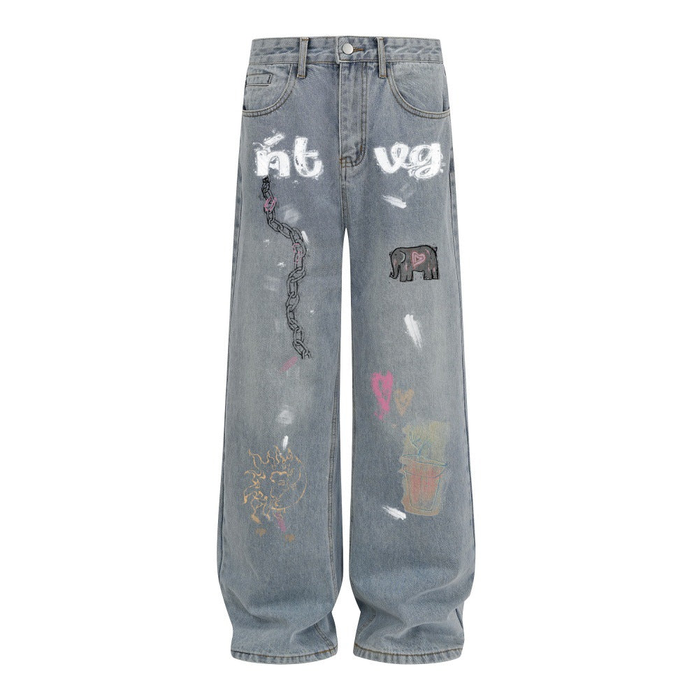 Graffiti printed washed denim jeans