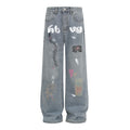 Graffiti printed washed denim jeans