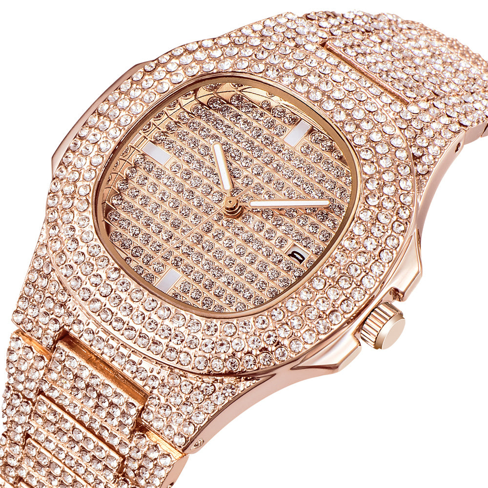 Mens Watches Fashion Luxury Diamond Brand Date Quartz Watch Men Gold Stainless Steel Business Watch Montres de Marque de Luxe