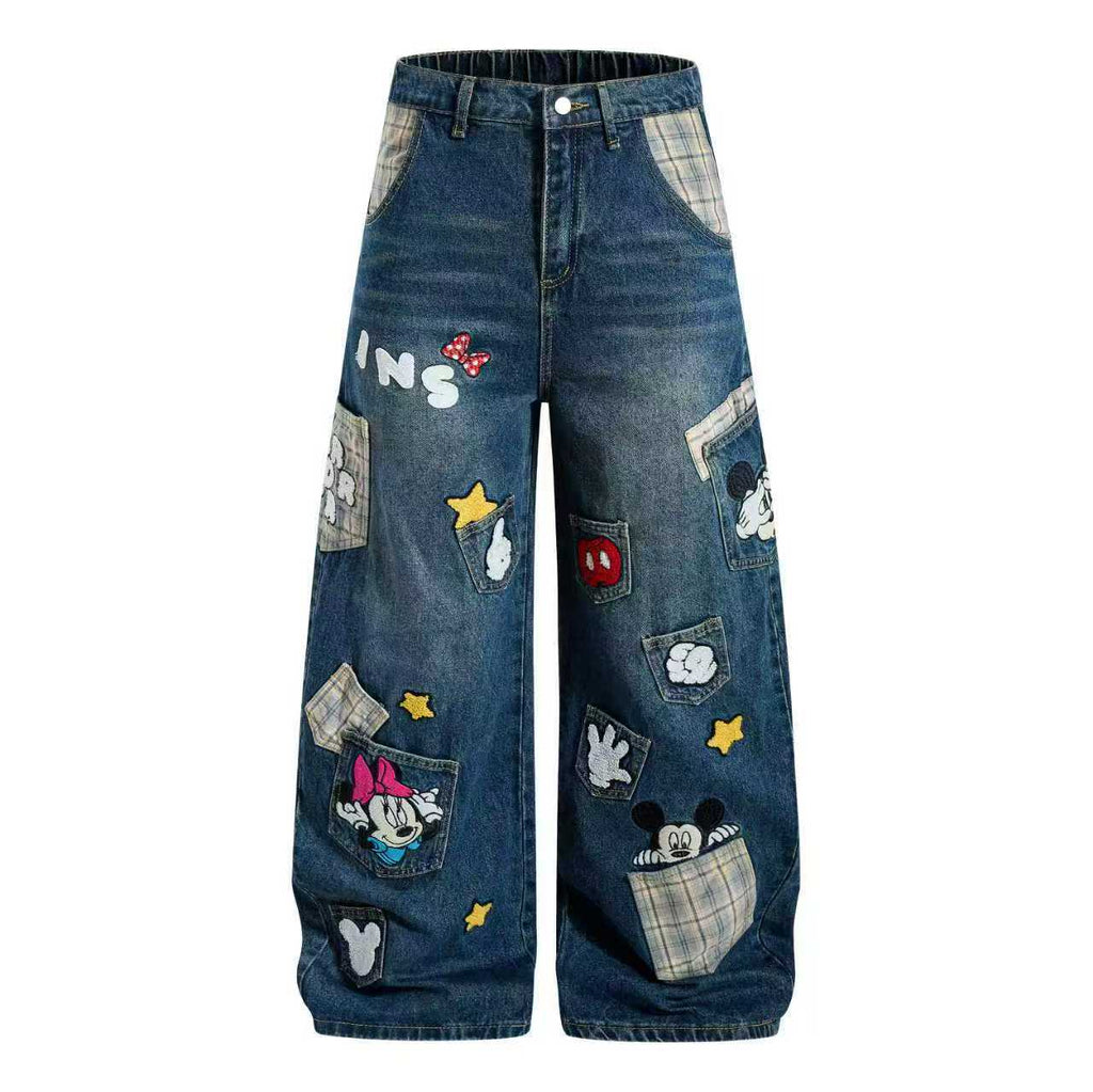 Vintage cartoon embroidered washed denim jeans