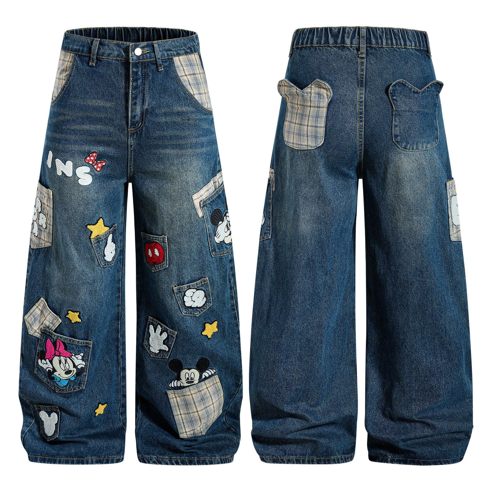 Vintage cartoon embroidered washed denim jeans